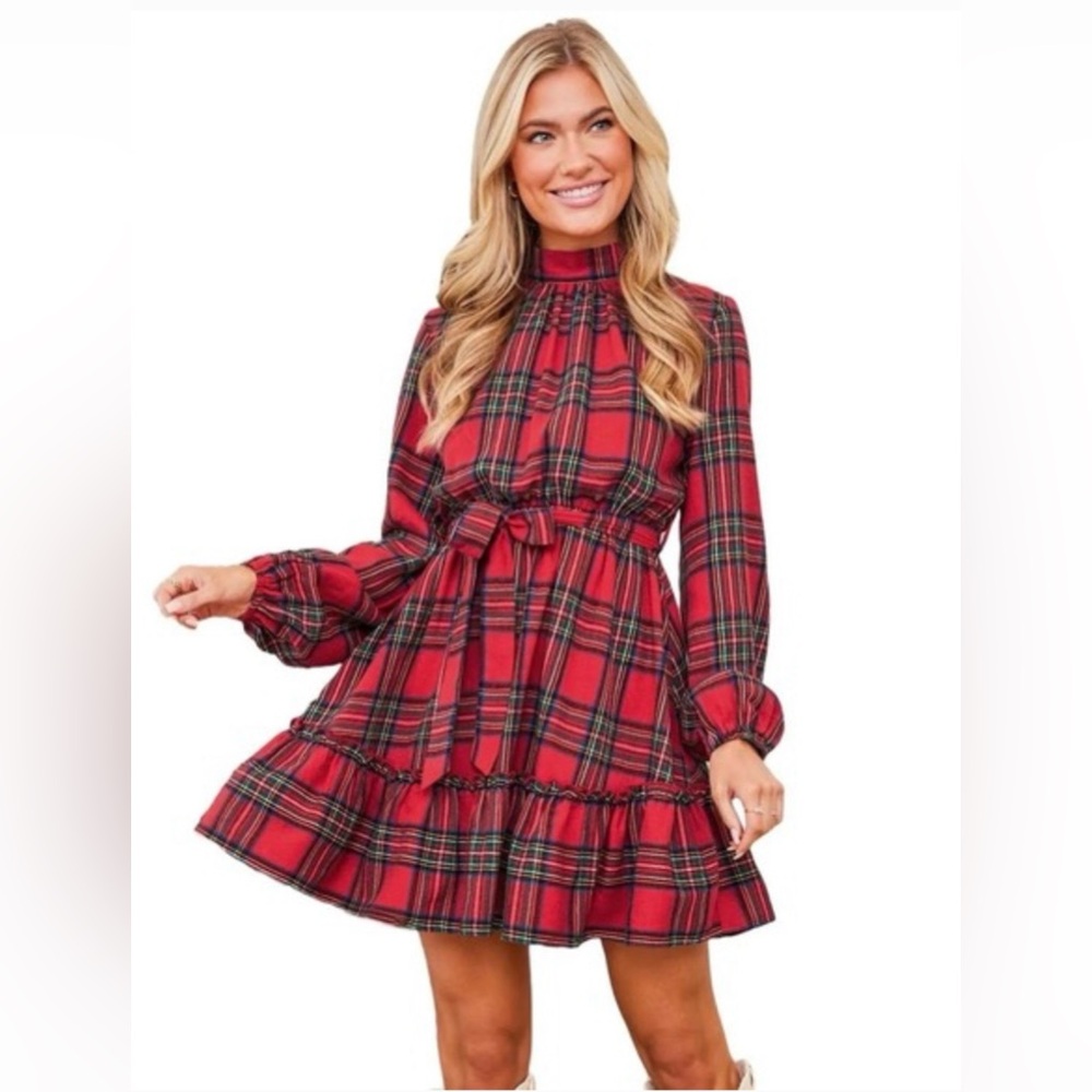 Women's Red Plaid Long-Sleeve Tie-Waist Dress